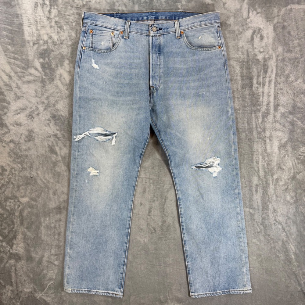 Levi's 501 Original Fit Jeans Mens 38x30 Blue Light Wash Distressed Button Fly